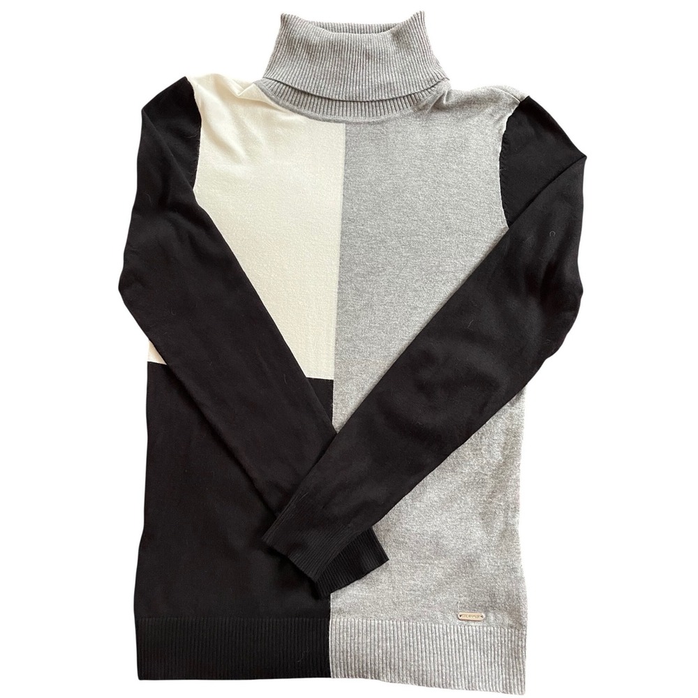 Calvin Klein Womens ColorblockTurtleneck Sweater Black Grey Cream Small M9VS3092